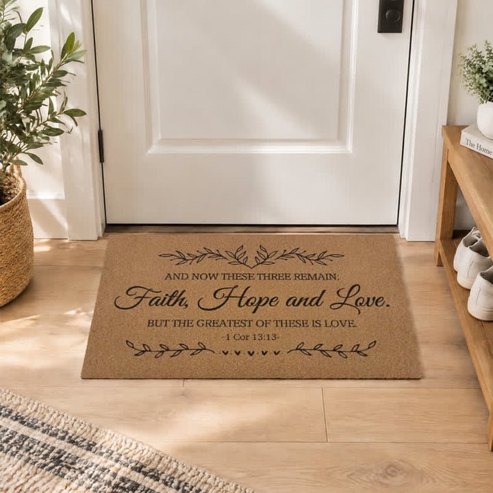 Christianartworkshop 1 Corinthians 13:13 Faith Hope Love Artificial Coir Doormat - image 0