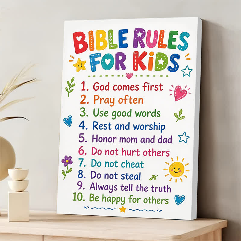Christianartworkshop Kids' Bible Rules Canvas Wall Art: Beacon of Gentle Heavenly Guidance - Framed Canvas Painting - 13.77"*19.58"*0.7"/35*50*1.8cm - image 0