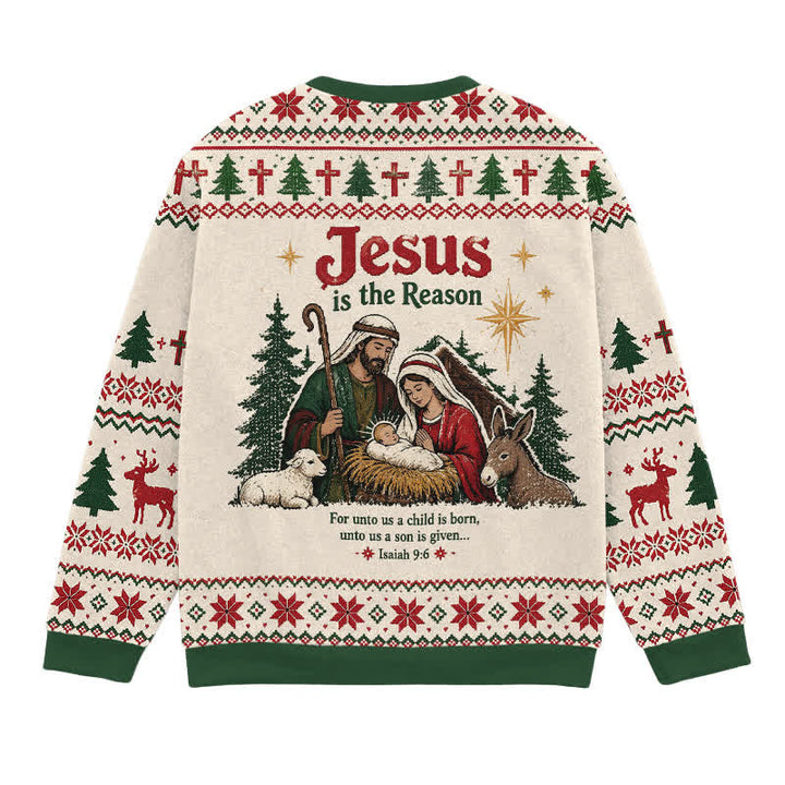 Christianartworkshop Jesus Is The Reason Nativity Knit Holiday Sweater - image 1