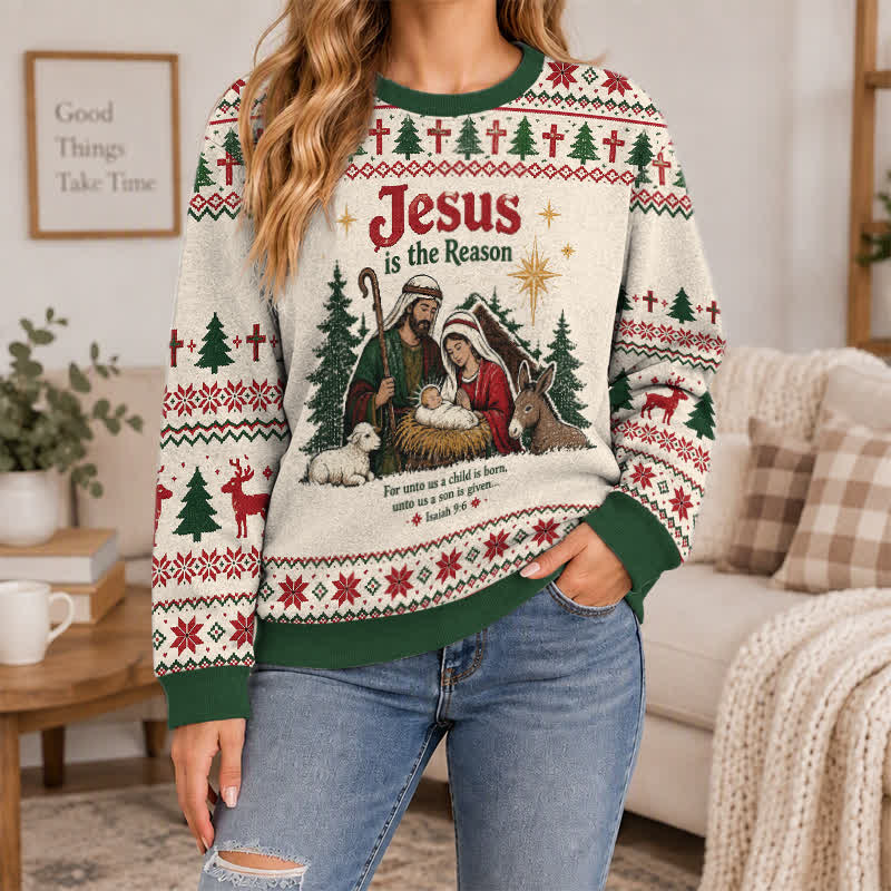 Christianartworkshop Jesus Is The Reason Nativity Knit Holiday Sweater - image 4
