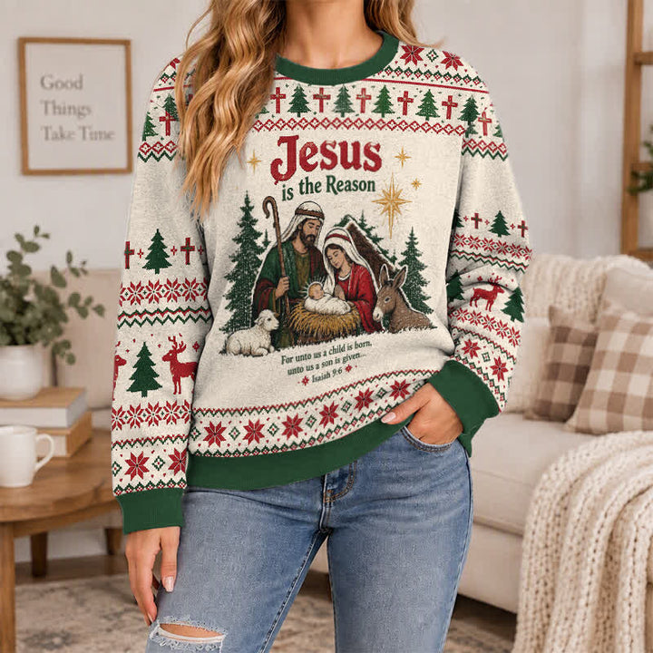 Christianartworkshop Jesus Is The Reason Nativity Knit Holiday Sweater - image 4