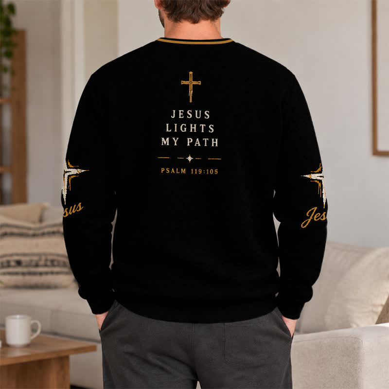 Christianartworkshop Jesus Lights My Path Black Gold Crewneck Sweater - image 3
