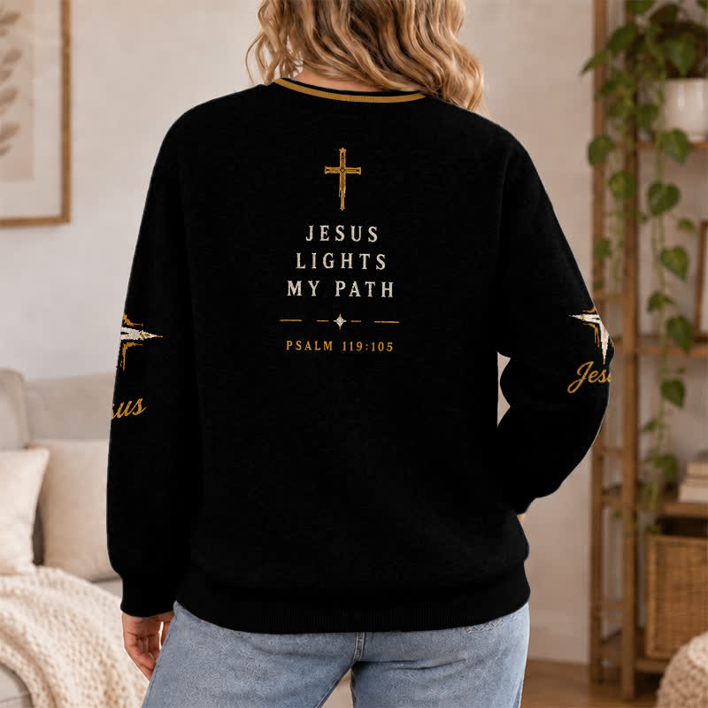 Christianartworkshop Jesus Lights My Path Black Gold Crewneck Sweater - image 5