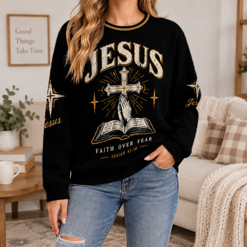 Christianartworkshop Jesus Lights My Path Black Gold Crewneck Sweater - image 4