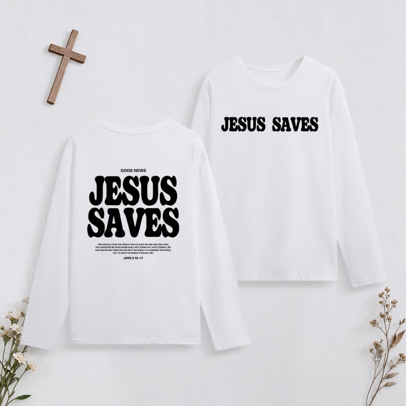 Christianartworkshop Jesus Saves Good News Black Long-Sleeve T-Shirt - White - 4XL - image 7