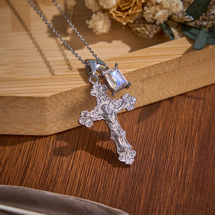 Christianartworkshop Dual-Charm Ornate Crucifix Zinc Alloy Necklace: Reminder of Boundless Saving Mercy - Silver - Clear Stone - image 10