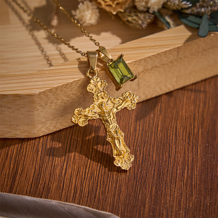 Christianartworkshop Dual-Charm Ornate Crucifix Zinc Alloy Necklace: Reminder of Boundless Saving Mercy - Golden - Green Stone - image 7