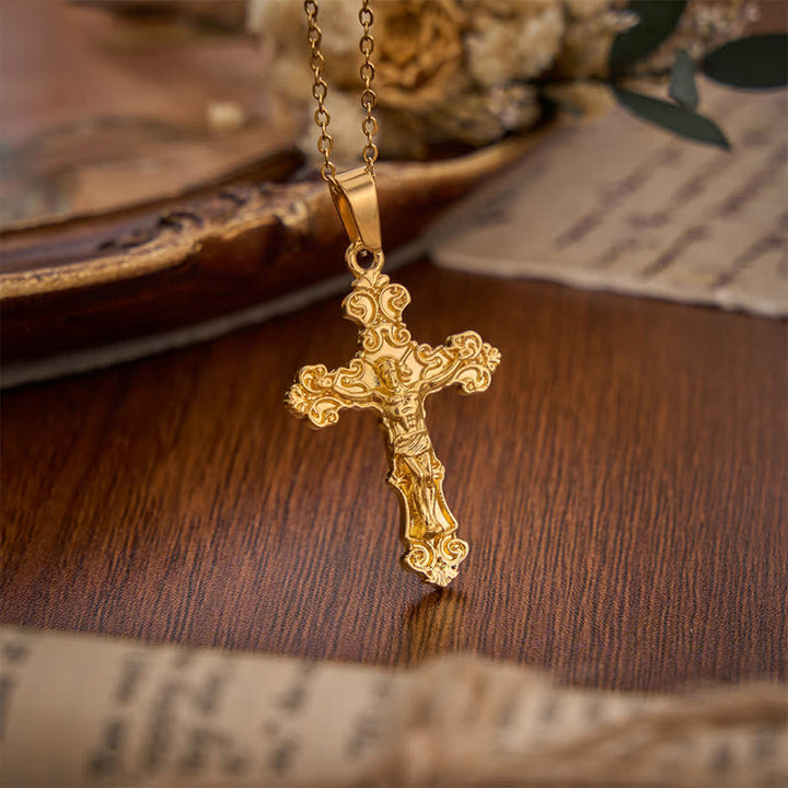 Christianartworkshop Dual-Charm Ornate Crucifix Zinc Alloy Necklace: Reminder of Boundless Saving Mercy - Golden - Without Stone - image 4