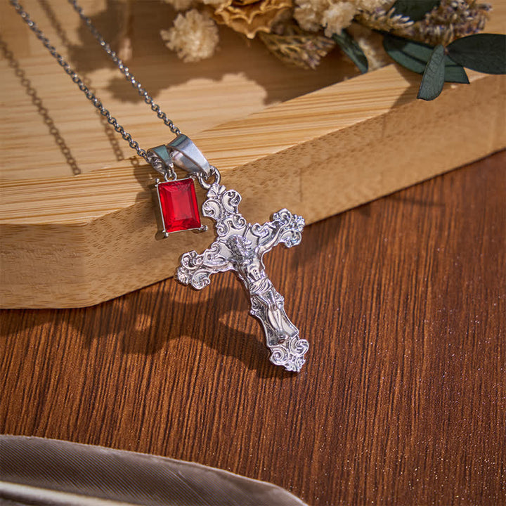 Christianartworkshop Dual-Charm Ornate Crucifix Zinc Alloy Necklace: Reminder of Boundless Saving Mercy - Silver - Red Stone - image 8