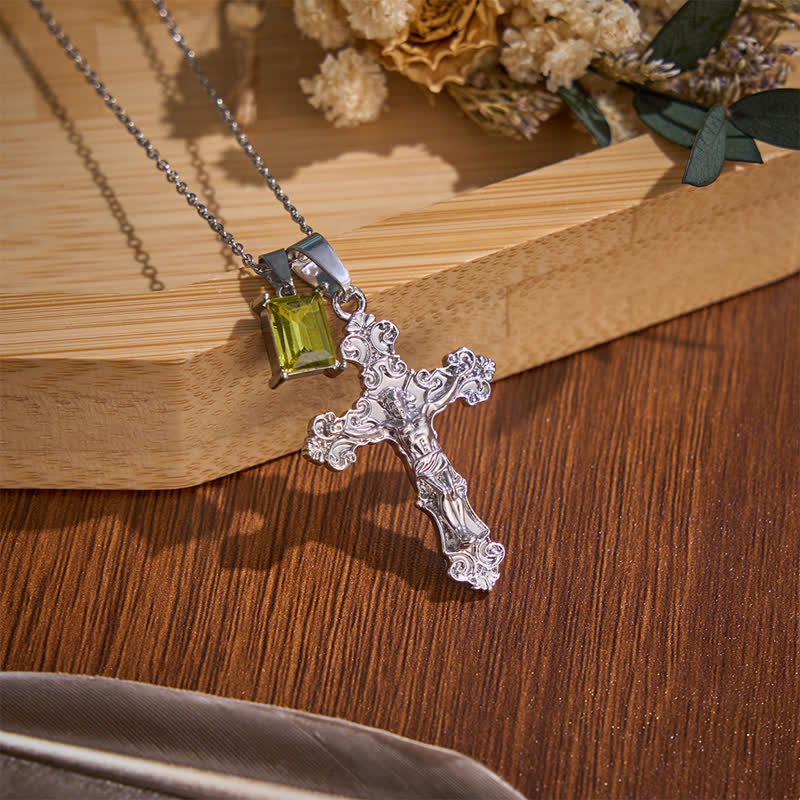 Christianartworkshop Dual-Charm Ornate Crucifix Zinc Alloy Necklace: Reminder of Boundless Saving Mercy - Silver - Green Stone - image 12