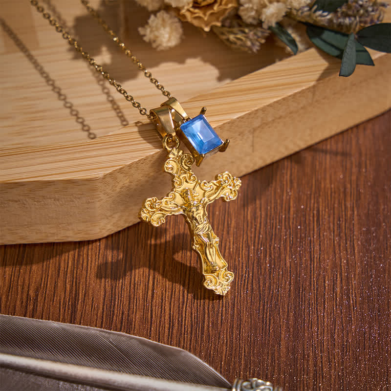 Christianartworkshop Dual-Charm Ornate Crucifix Zinc Alloy Necklace: Reminder of Boundless Saving Mercy - Golden - Blue Stone - image 6