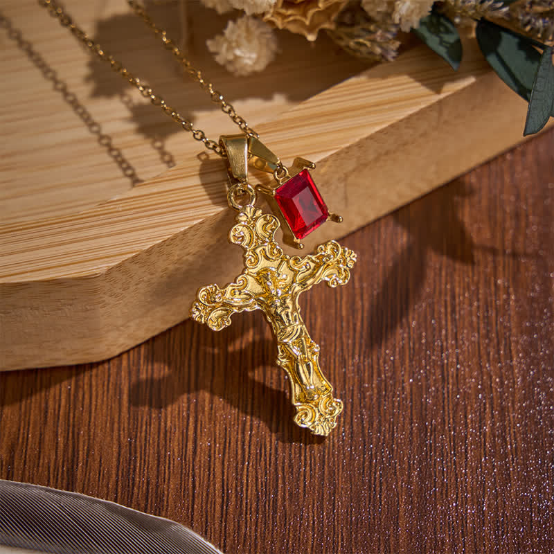 Christianartworkshop Dual-Charm Ornate Crucifix Zinc Alloy Necklace: Reminder of Boundless Saving Mercy - Golden - Red Stone - image 0
