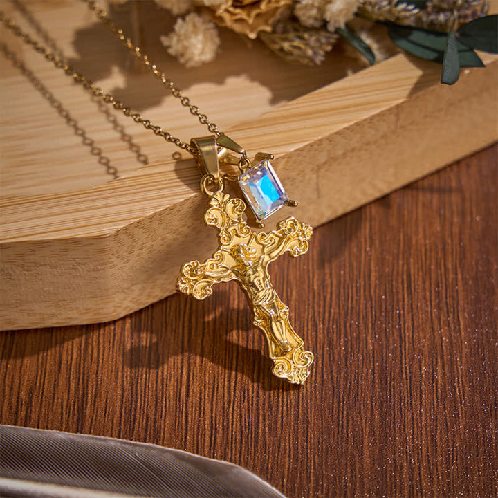 Christianartworkshop Dual-Charm Ornate Crucifix Zinc Alloy Necklace: Reminder of Boundless Saving Mercy - Golden - Clear Stone - image 5