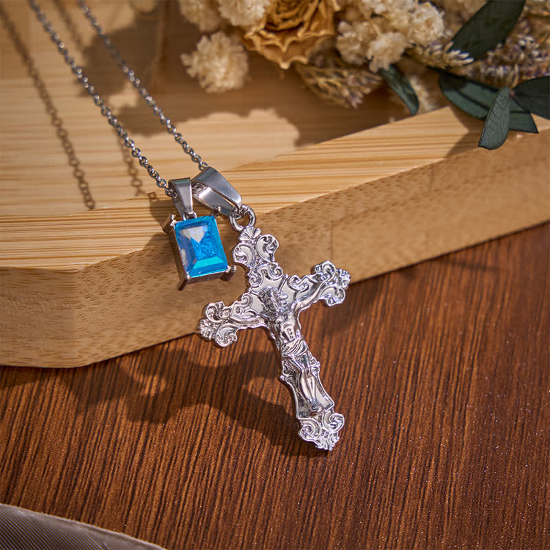 Christianartworkshop Dual-Charm Ornate Crucifix Zinc Alloy Necklace: Reminder of Boundless Saving Mercy - Silver - Blue Stone - image 11