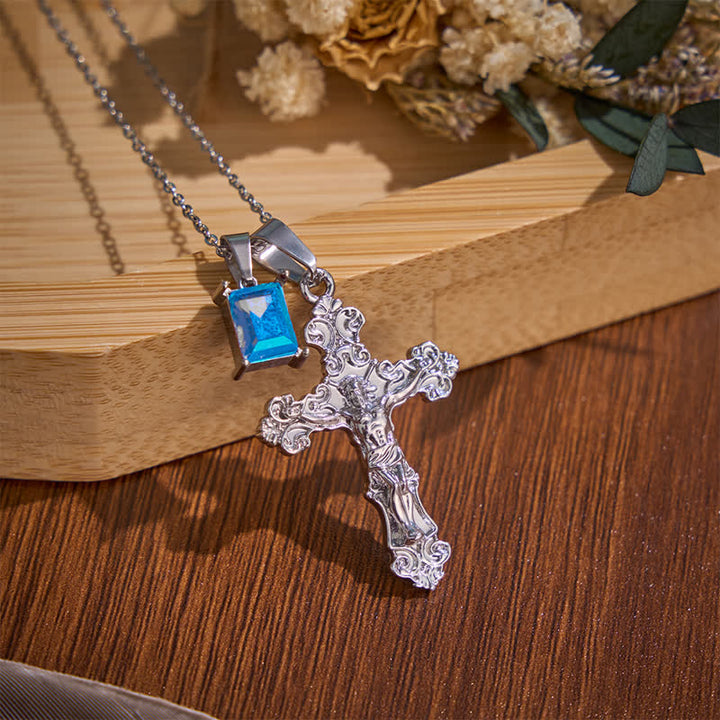 Christianartworkshop Dual-Charm Ornate Crucifix Zinc Alloy Necklace: Reminder of Boundless Saving Mercy - Silver - Blue Stone - image 11