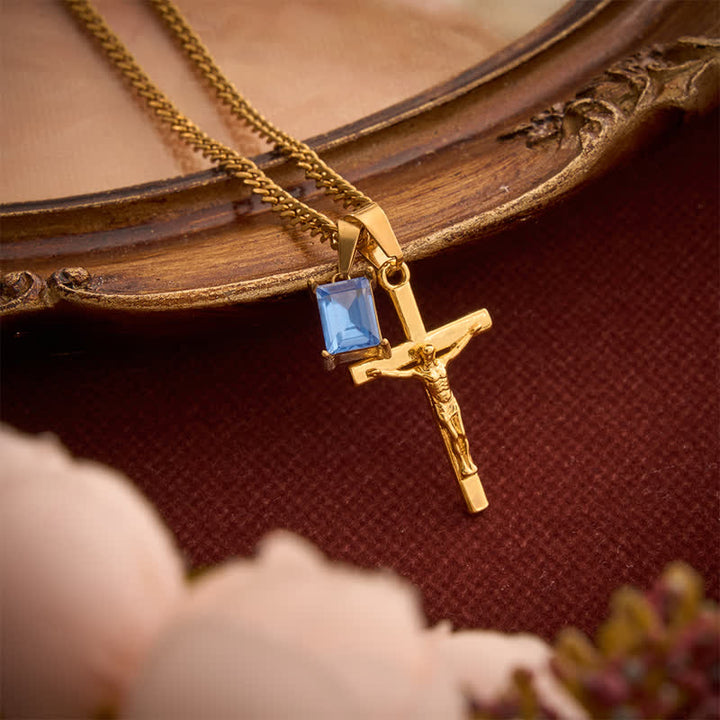 Christianartworkshop Dual Pendant Crucifix Necklace With Rectangular Gemstone - Golden - Blue Stone - image 13