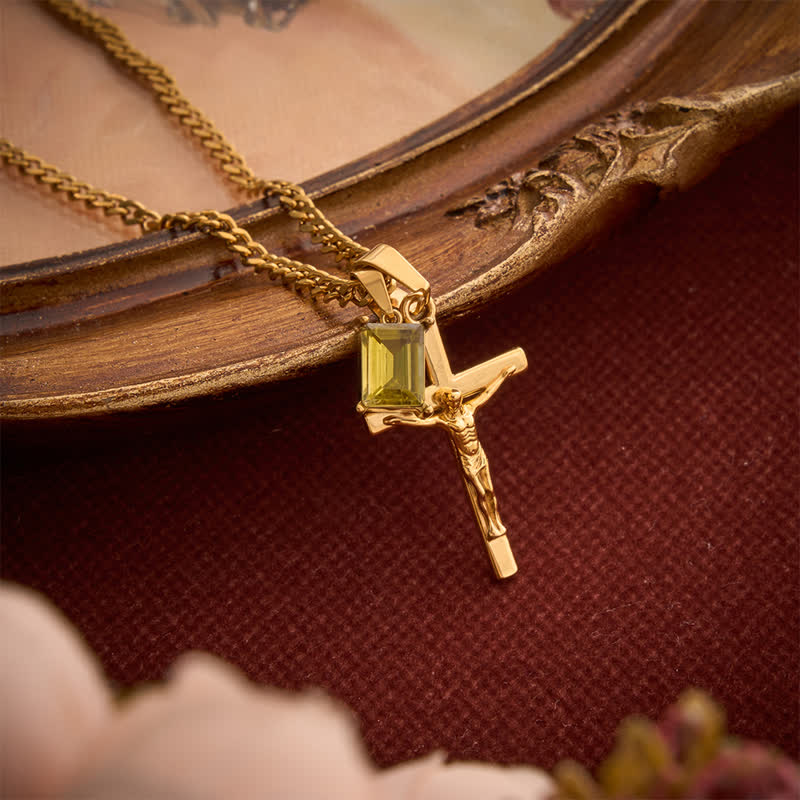 Christianartworkshop Dual Pendant Crucifix Necklace With Rectangular Gemstone - Golden - Green Stone - image 12