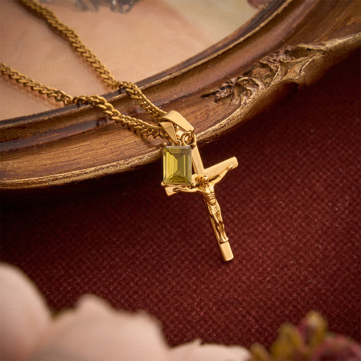 Christianartworkshop Dual Pendant Crucifix Necklace With Rectangular Gemstone - Golden - Green Stone - image 12