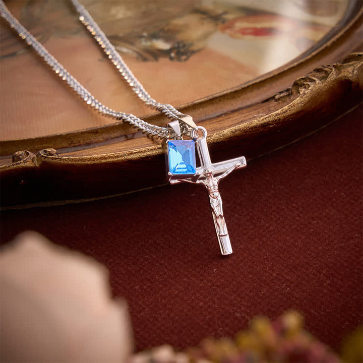 Christianartworkshop Dual Pendant Crucifix Necklace With Rectangular Gemstone - Silver - Blue Stone - image 8
