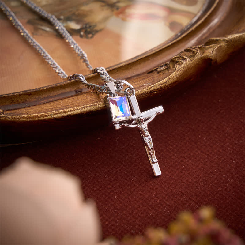 Christianartworkshop Dual Pendant Crucifix Necklace With Rectangular Gemstone - Silver - Clear Stone - image 6