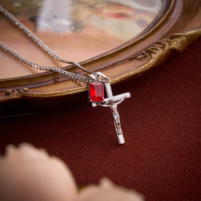 Christianartworkshop Dual Pendant Crucifix Necklace With Rectangular Gemstone - Silver - Red Stone - image 4