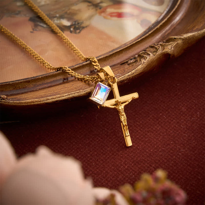 Christianartworkshop Dual Pendant Crucifix Necklace With Rectangular Gemstone - Golden - Clear Stone - image 11
