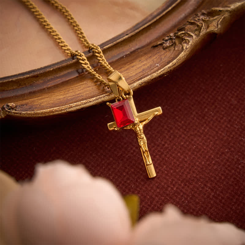 Christianartworkshop Dual Pendant Crucifix Necklace With Rectangular Gemstone - Golden - Red Stone - image 9
