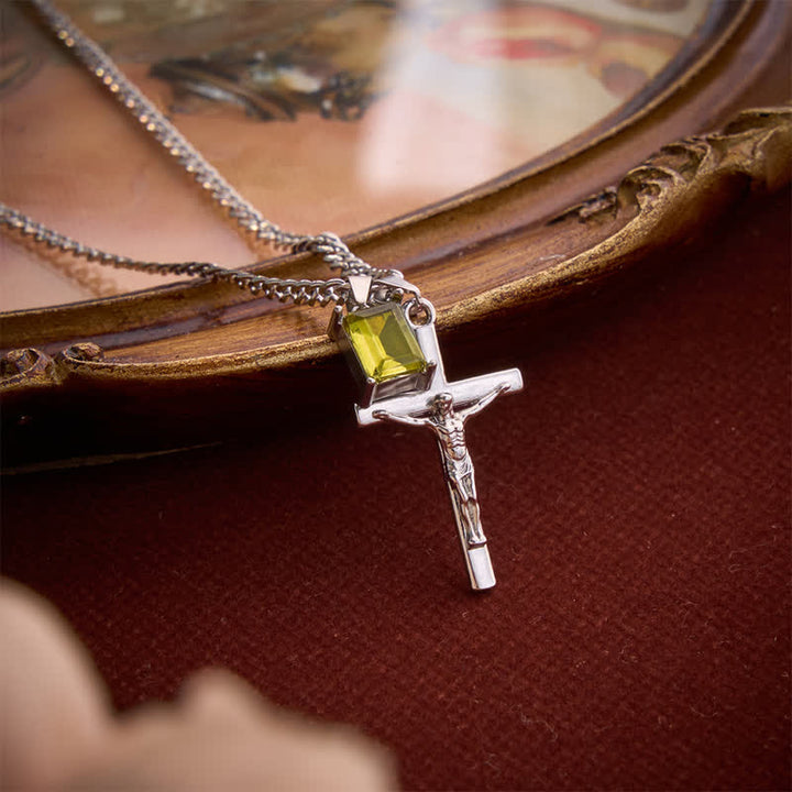 Christianartworkshop Dual Pendant Crucifix Necklace With Rectangular Gemstone - Silver - Green Stone - image 7