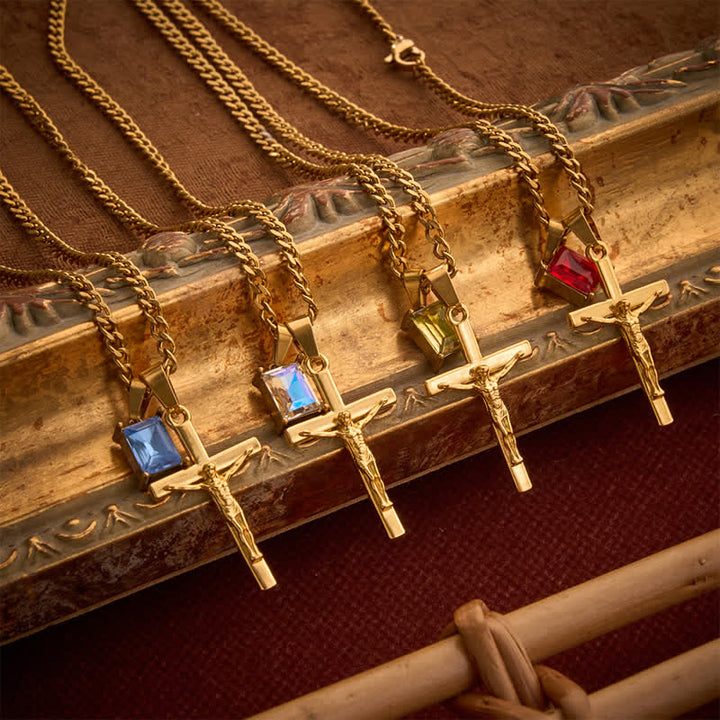 Christianartworkshop Dual Pendant Crucifix Necklace With Rectangular Gemstone - image 0