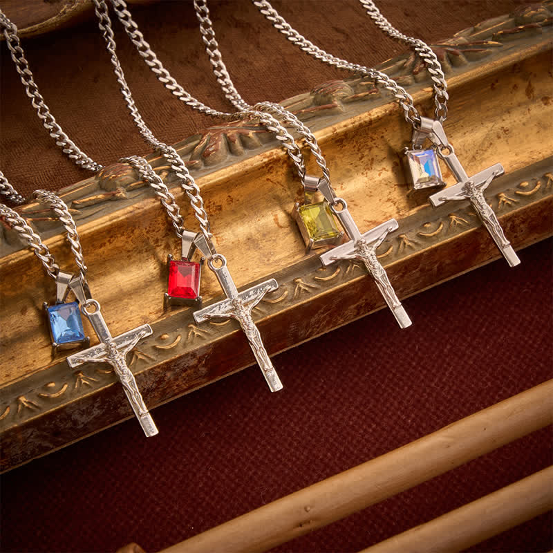 Christianartworkshop Dual Pendant Crucifix Necklace With Rectangular Gemstone - image 1
