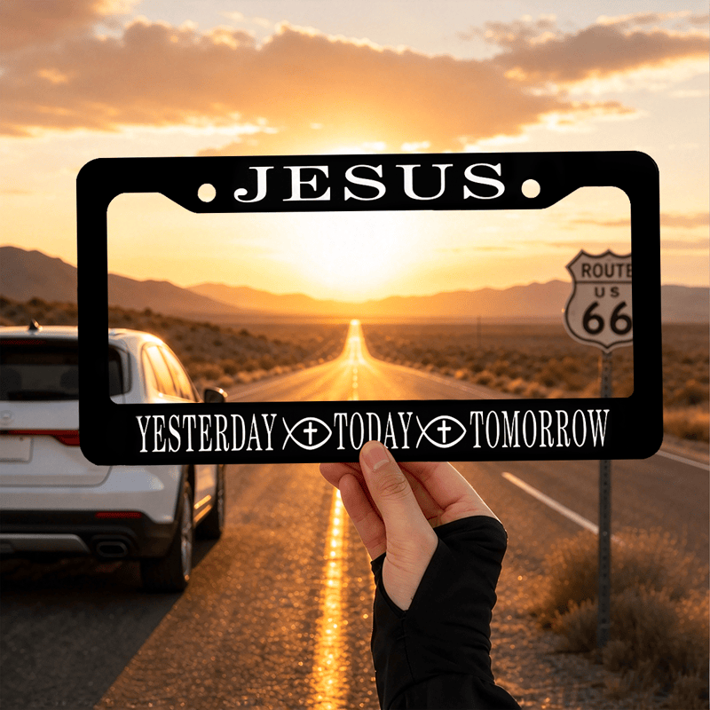 Christianartworkshop Metal “Jesus Yesterday Today Tomorrow” Car Frame: Token of Abiding Divine Promise - 12.24"*6.26"*0.4"/31.1cm*15.9cm*1cm (Standard 6"x12" US plate size) - image 0