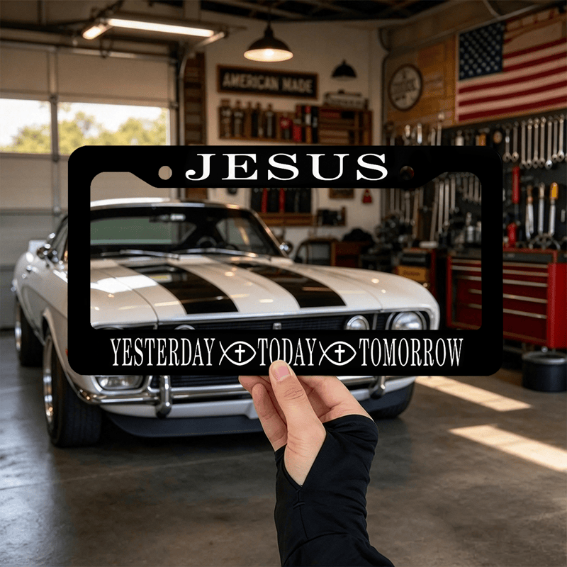 Christianartworkshop Metal “Jesus Yesterday Today Tomorrow” Car Frame: Token of Abiding Divine Promise - image 4