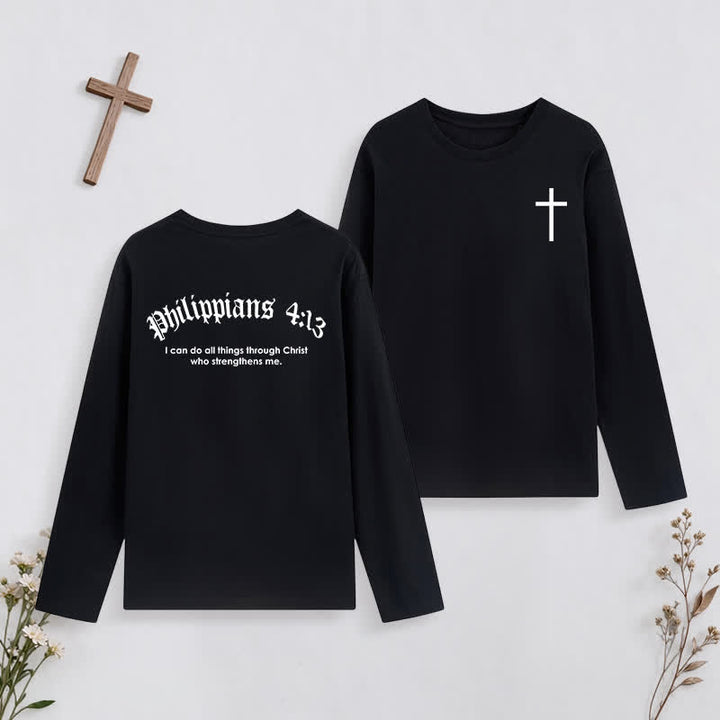 Christianartworkshop Philippians 4:13 Strength Through Christ Black Long Sleeve T-Shirt - Black - 4XL - image 0