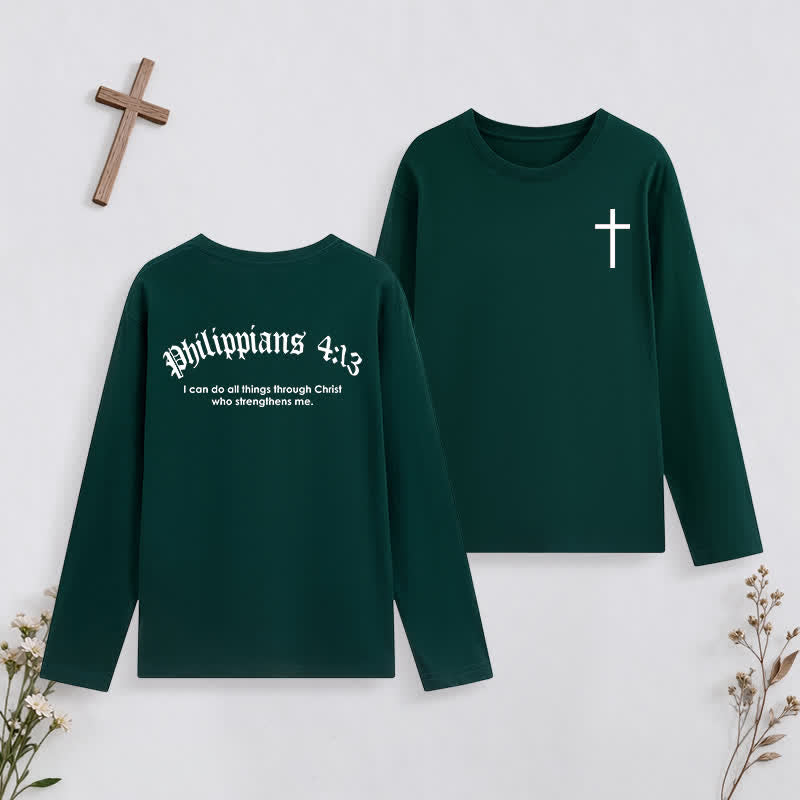 Christianartworkshop Philippians 4:13 Strength Through Christ Black Long Sleeve T-Shirt - Dark Green - 4XL - image 22