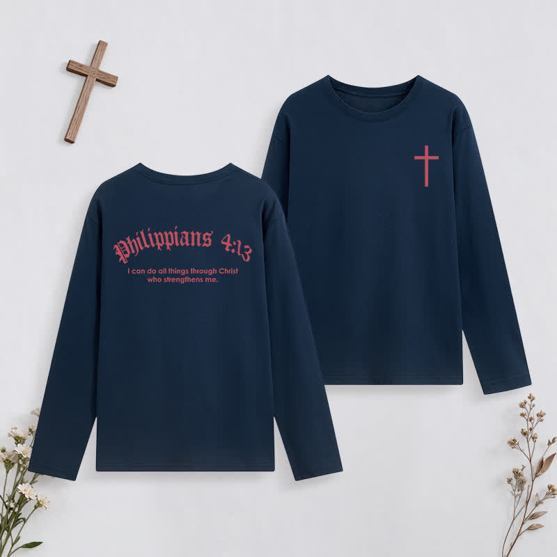 Christianartworkshop Philippians 4:13 Strength Through Christ Black Long Sleeve T-Shirt - Navy Blue - 4XL - image 19