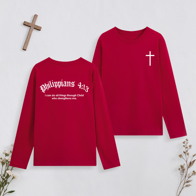 Christianartworkshop Philippians 4:13 Strength Through Christ Black Long Sleeve T-Shirt - Red - 4XL - image 28