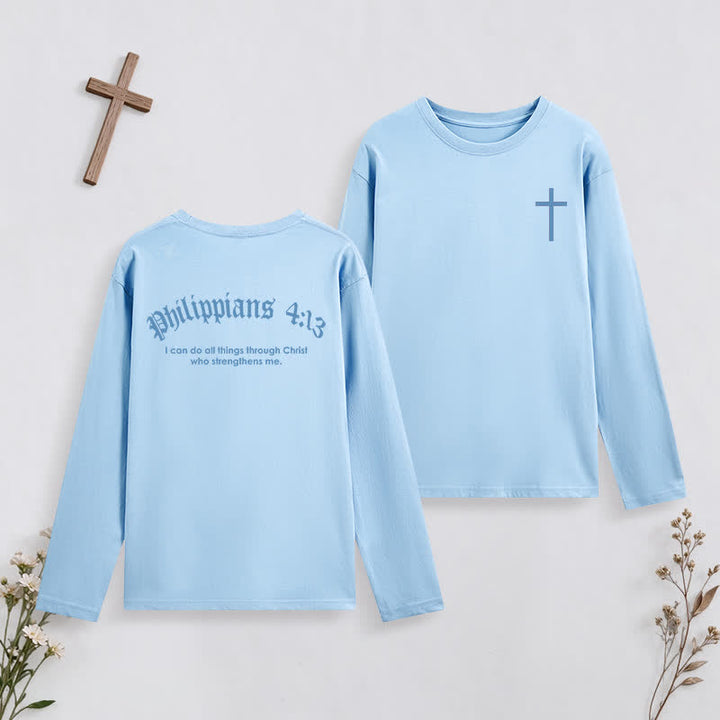 Christianartworkshop Philippians 4:13 Strength Through Christ Black Long Sleeve T-Shirt - Sky Blue - 4XL - image 31