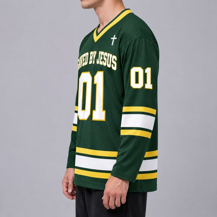 Christianartworkshop Saved By Jesus 01 Green Long Sleeve Hockey Jersey - image 5