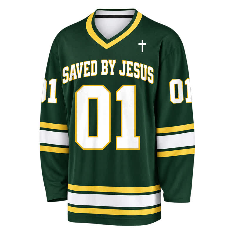 Christianartworkshop Saved By Jesus 01 Green Long Sleeve Hockey Jersey - image 2