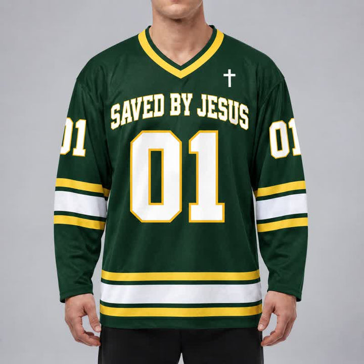 Christianartworkshop Saved By Jesus 01 Green Long Sleeve Hockey Jersey - image 3