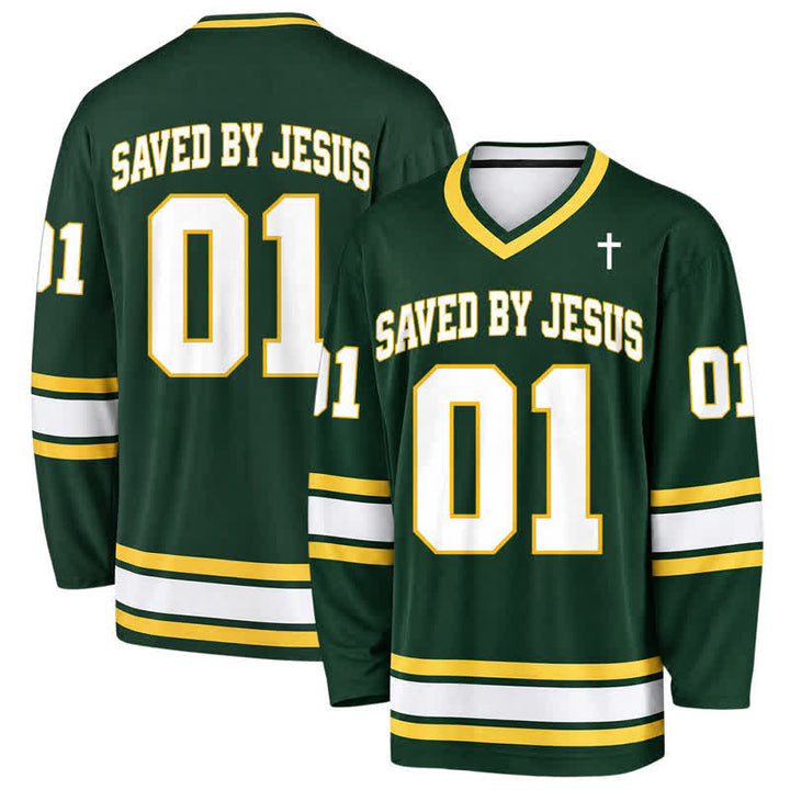 Christianartworkshop Saved By Jesus 01 Green Long Sleeve Hockey Jersey - 5XL - image 0