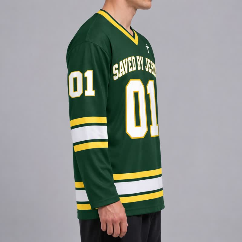 Christianartworkshop Saved By Jesus 01 Green Long Sleeve Hockey Jersey - image 6