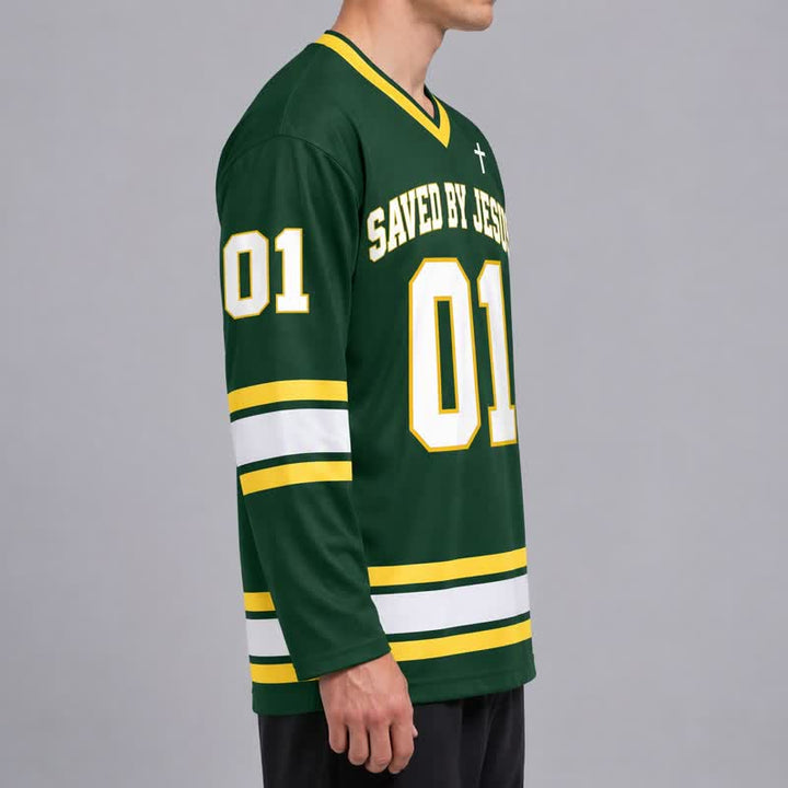 Christianartworkshop Saved By Jesus 01 Green Long Sleeve Hockey Jersey - image 6