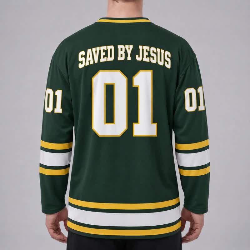 Christianartworkshop Saved By Jesus 01 Green Long Sleeve Hockey Jersey - image 4