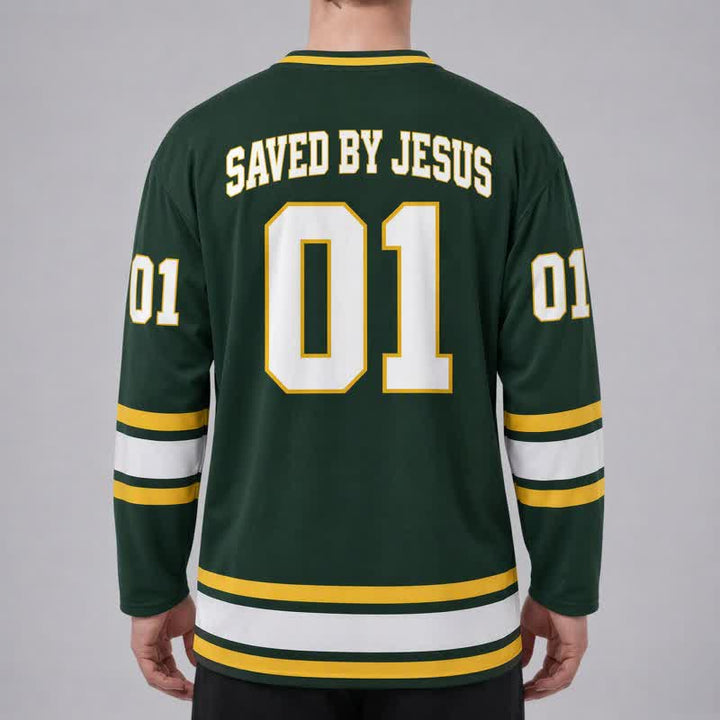 Christianartworkshop Saved By Jesus 01 Green Long Sleeve Hockey Jersey - image 4