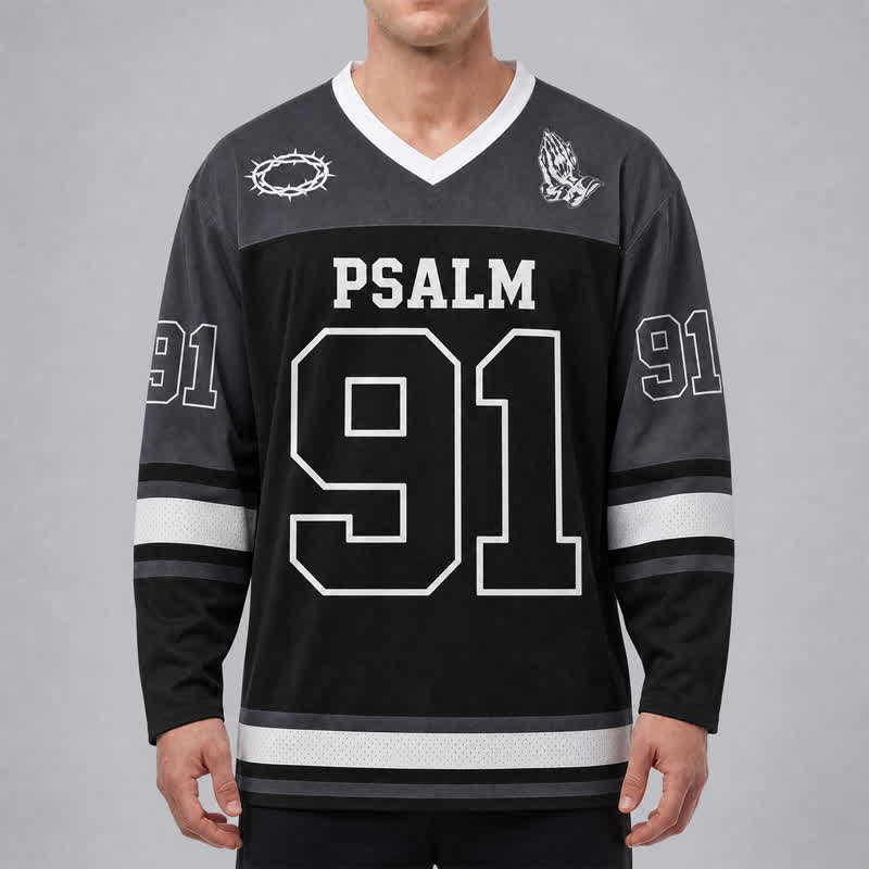 Christianartworkshop Psalm 91 Black Streetwear Long Sleeve Hockey Jersey - image 4
