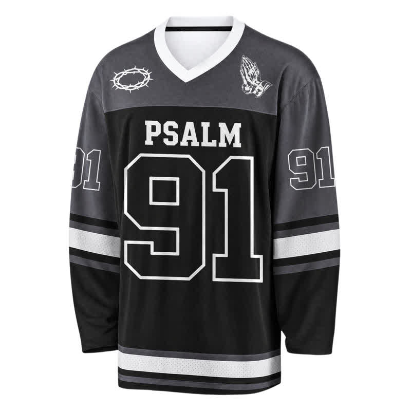 Christianartworkshop Psalm 91 Black Streetwear Long Sleeve Hockey Jersey - image 2