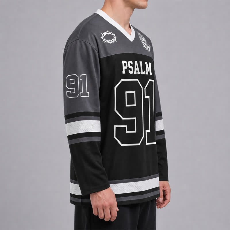 Christianartworkshop Psalm 91 Black Streetwear Long Sleeve Hockey Jersey - image 6