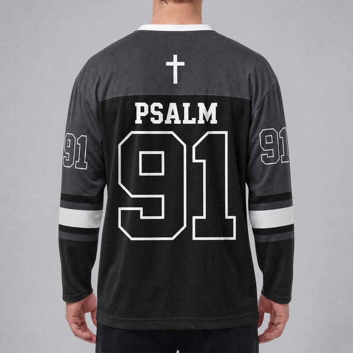 Christianartworkshop Psalm 91 Black Streetwear Long Sleeve Hockey Jersey - image 3