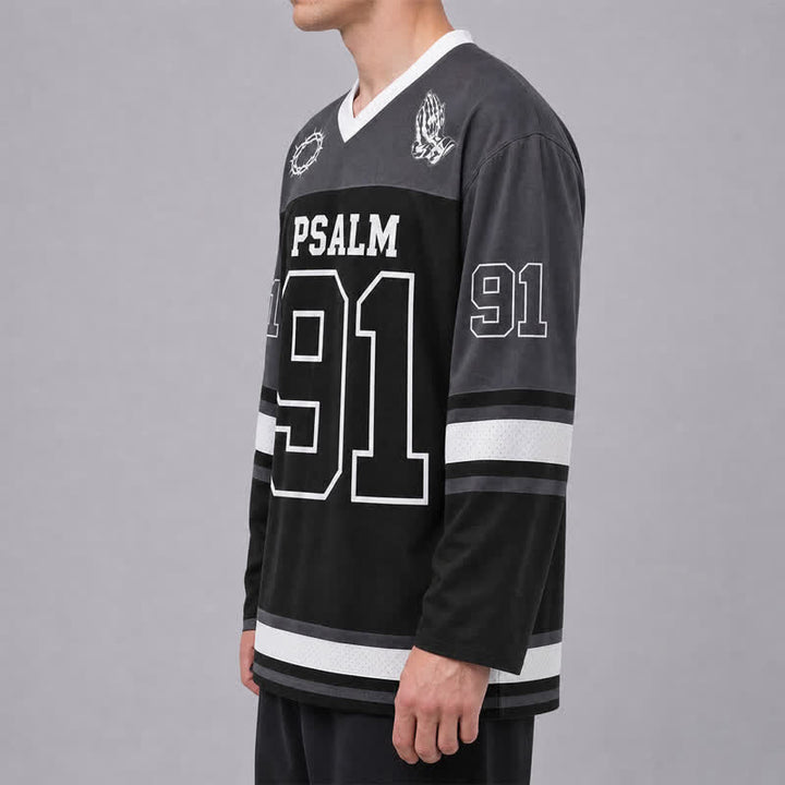 Christianartworkshop Psalm 91 Black Streetwear Long Sleeve Hockey Jersey - image 5
